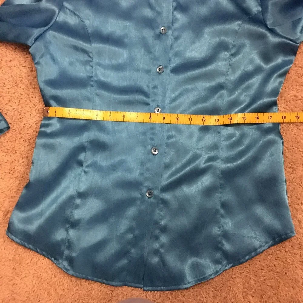 C'est La Vie Vintage Satiny Cyan Blue Retro Button Down Dress Shirt Canadian - M - Picture 13 of 16